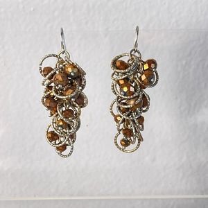 Coppery Metallic Beaded Geometric Earrings Neutral Faceted Beads Golden Pierced
